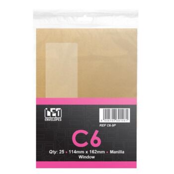 Leo Envelopes C6 Window Self Seal Manilla - Pack 25
