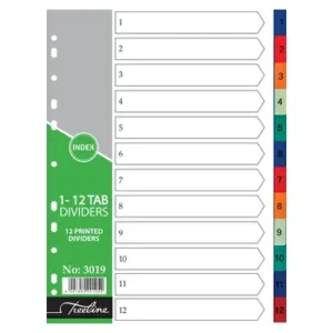 3019-Treeline A4 Index Divider PVC Colour 1-12 Tab Printed