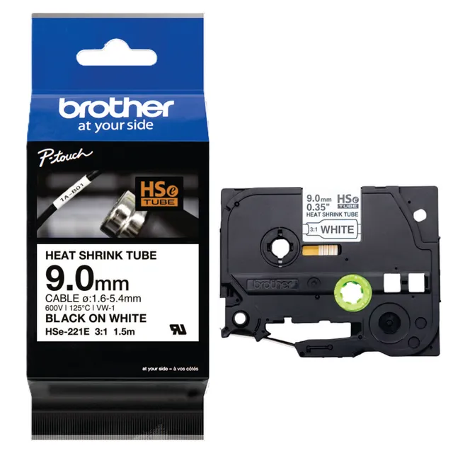 Brother HSe221E Heat Shrink Tube Black on White 9.0mm