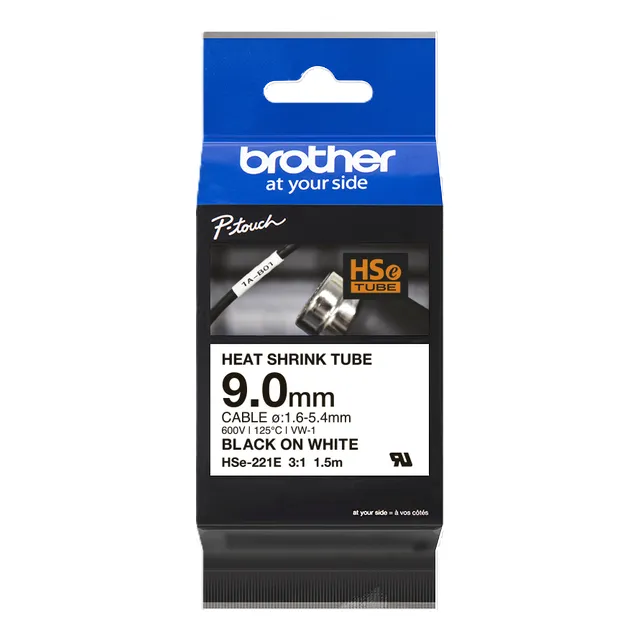Brother HSe-221E Heat Shrink Tube Black on White 9.0mm