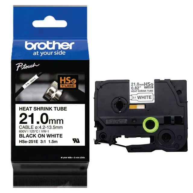 Brother HSe-251E Heat Shrink Tube Black on White 21mm