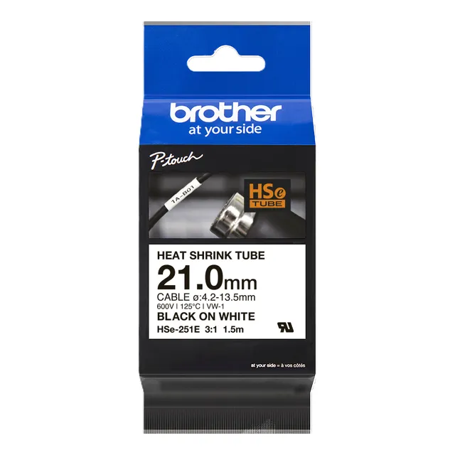 Brother HSe-251E Heat Shrink Tube Black on White 21mm