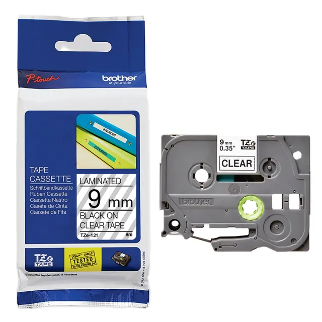 Brother TZe-121 Laminated Tape Black on Clear 9mm