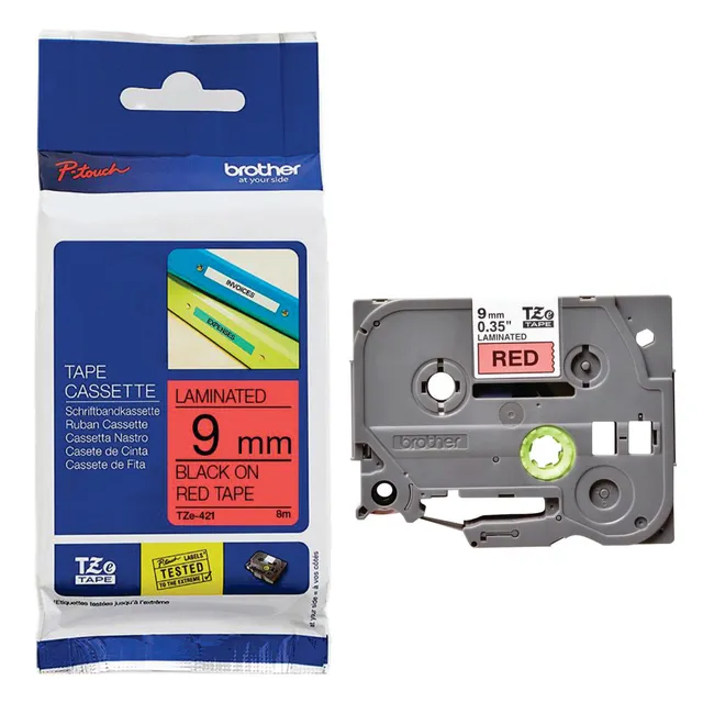 Brother TZe-421 Laminated Tape Black on Red 9mm