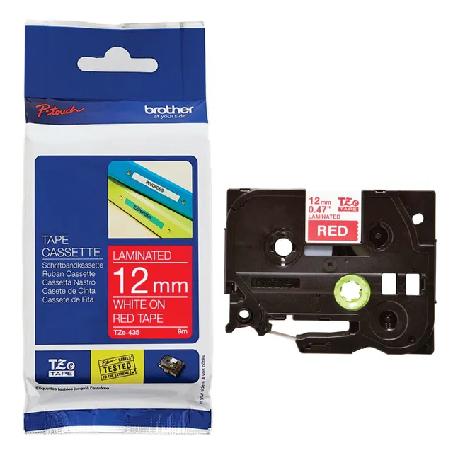 Brother TZe-435 Laminated Tape White on Red 12mm