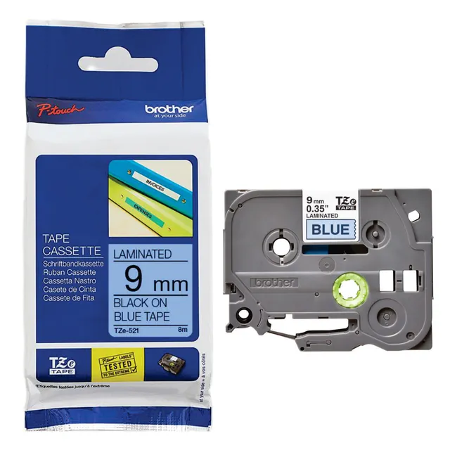 Brother TZe-521 Laminated Tape Black on Blue 9mm