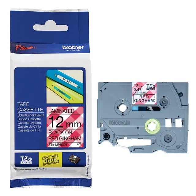 Brother TZe-MPRG31 Laminated Tape Black on Red Gingham Pattern 12mm x 4m