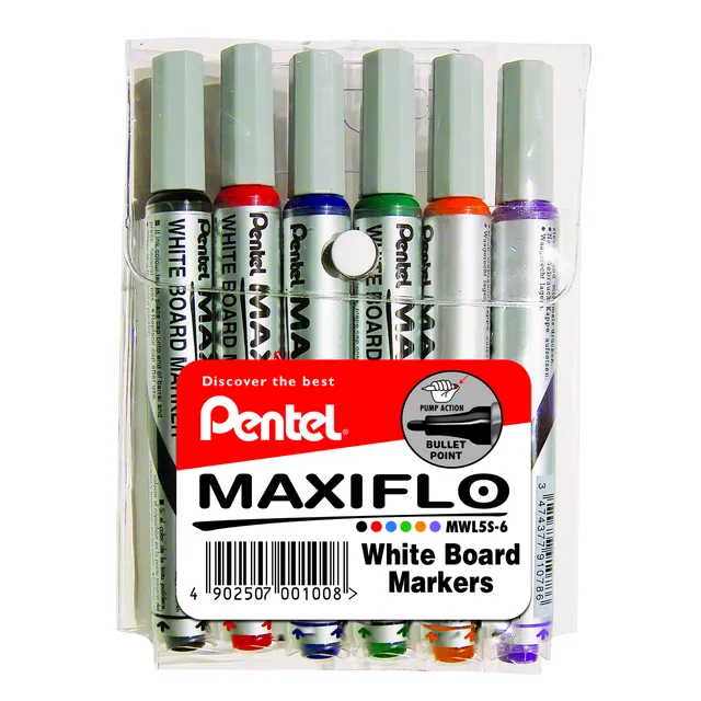 Pentel MWL5S Maxiflo Pump-It Whiteboard Marker Bullet Tip 4.0mm - Wallet 6